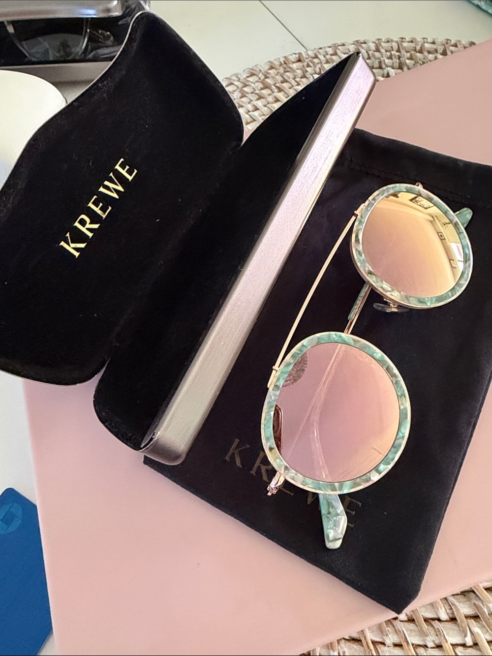 KREWE ladies Round Green Marble Frame Sunglasses with Pink Lenses